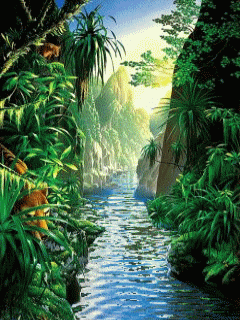 Animated woodland stream illustration from the original Ray and M website